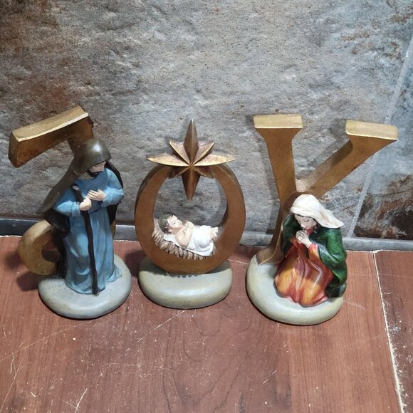 Vintage Three Piece Joy Christmas Nativity Set Repaired Chipped J - Picture 3 of 12